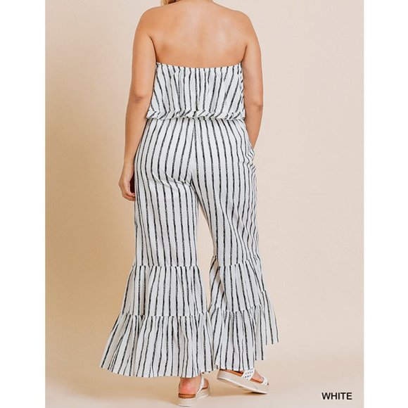 Striped Boho Ruffle Strapless Wide Leg Jumpsuit - Picture 3 of 6